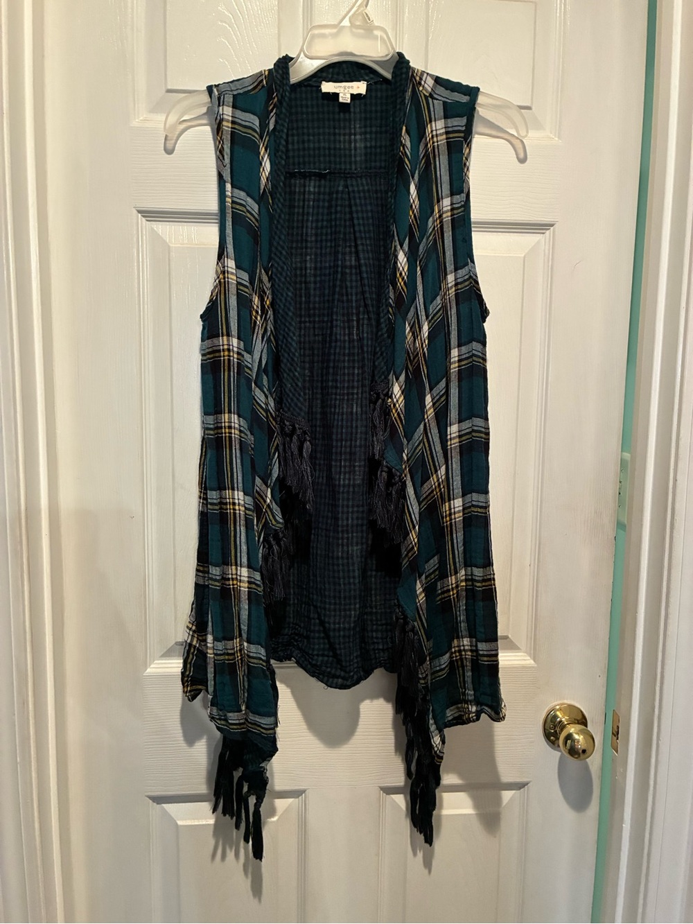 Umgee Long Teal Plaid Vest with Frayed Edges